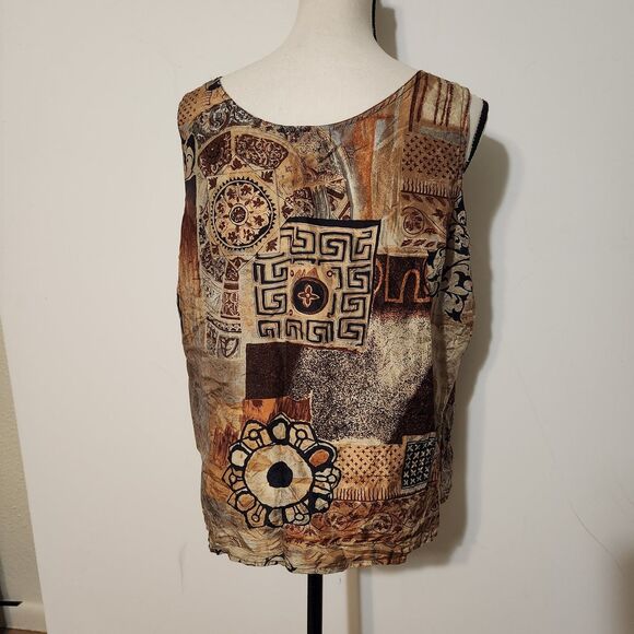 Vintage 80s 90s Stunt 100%  Silk Tank Top Blouse sz M/L brown earth tone ethnic - Picture 12 of 13